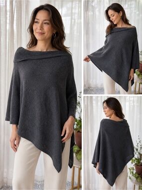 Stitch & Needle 100% Cashmere Poncho Sweater Gray One Size Soft Luxe Wrap Top